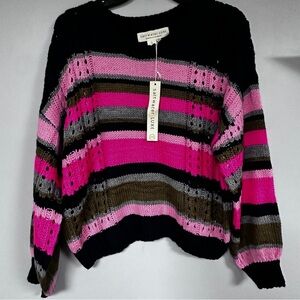 SALTWATER LUXE striped crochet sweater in multi colored Pink, Olive, Navy L. NWT